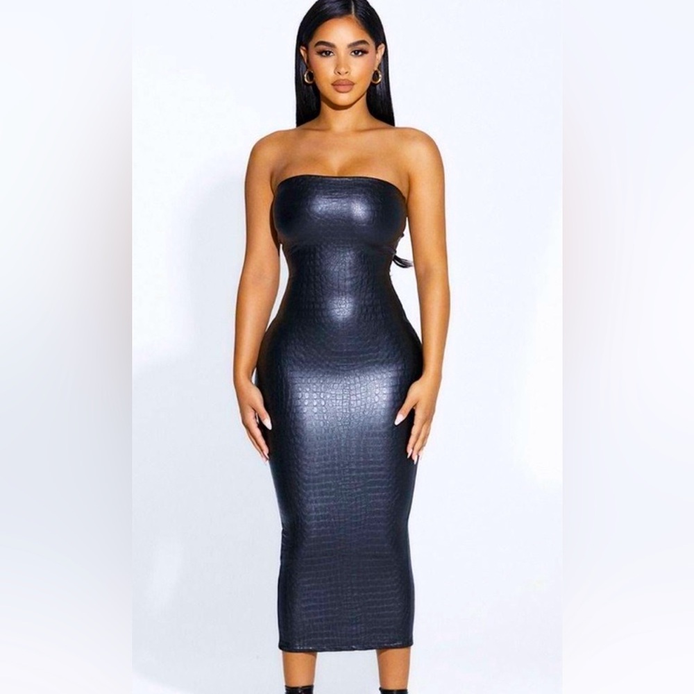JLUXLABEL Tube Bodycon Midi Length Dress In Black Faux Leather Crocodile Print S